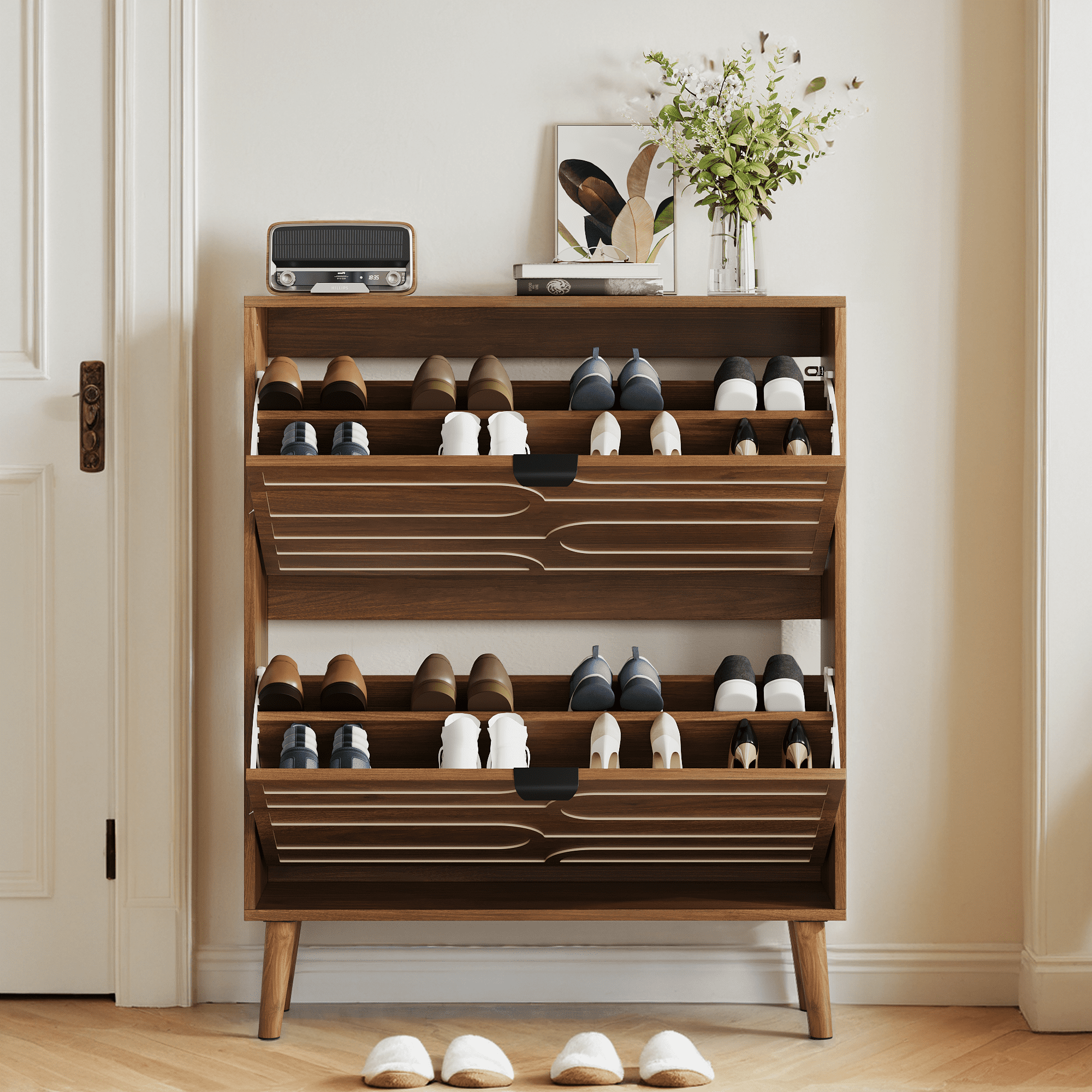 Leumius Medieval Modern Shoe Cabinet with 2 Flip Drawers,Walnut Shoe Storage Cabinet with Adjustable Shelves for Entryway
