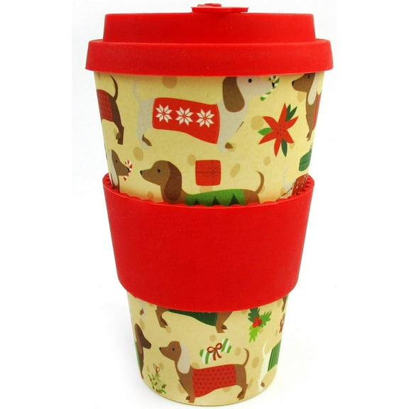TINYMILLS Eco-Friendly Reusable Plant Fiber 14 oz Travel Mug with Christmas Wiener Dog Design Stocking Stuffers Holiday Party Favor Party Christmas Party Prizes
