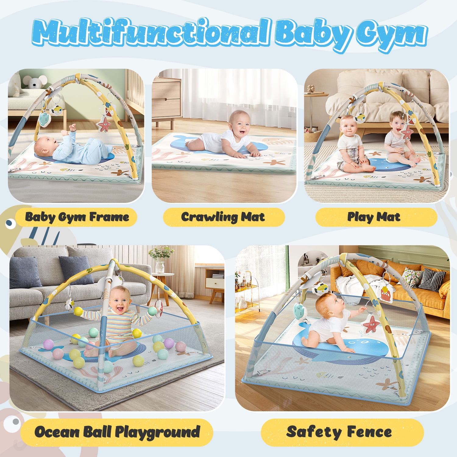WonderStone 5-in-1 Baby Gym & Play Mat, Tummy Time Toys with Sensory Toys & 18 Balls for Newborns and Infants 0-12 Months, Whale