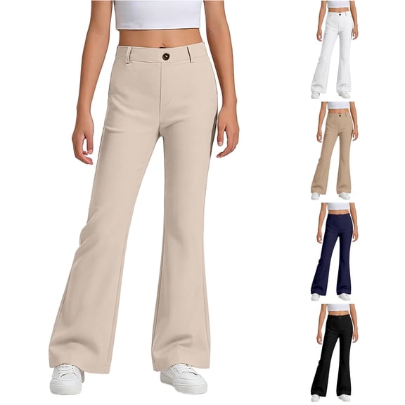 XAOFW Girls Back To School Flared Dress Pants Solid Color Stretchy Wide Leg Trousers For Casual Daily Wear Soft Bottoms 5-6 Years