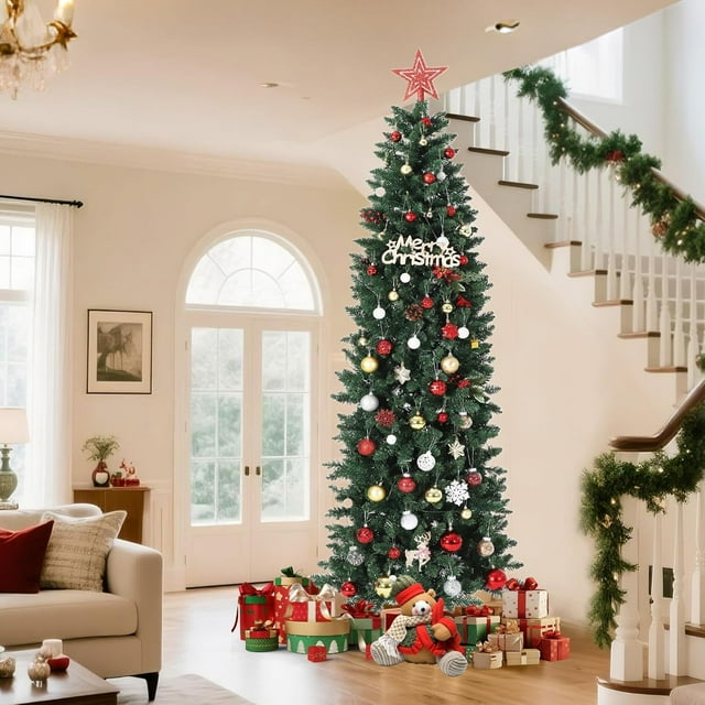 Bingirl Pre-Lit Slim Artificial Christmas Tree, Hinged Xmas Tree with Hinged Structure & Metal Stand for Home, Shops and Holiday Decoration