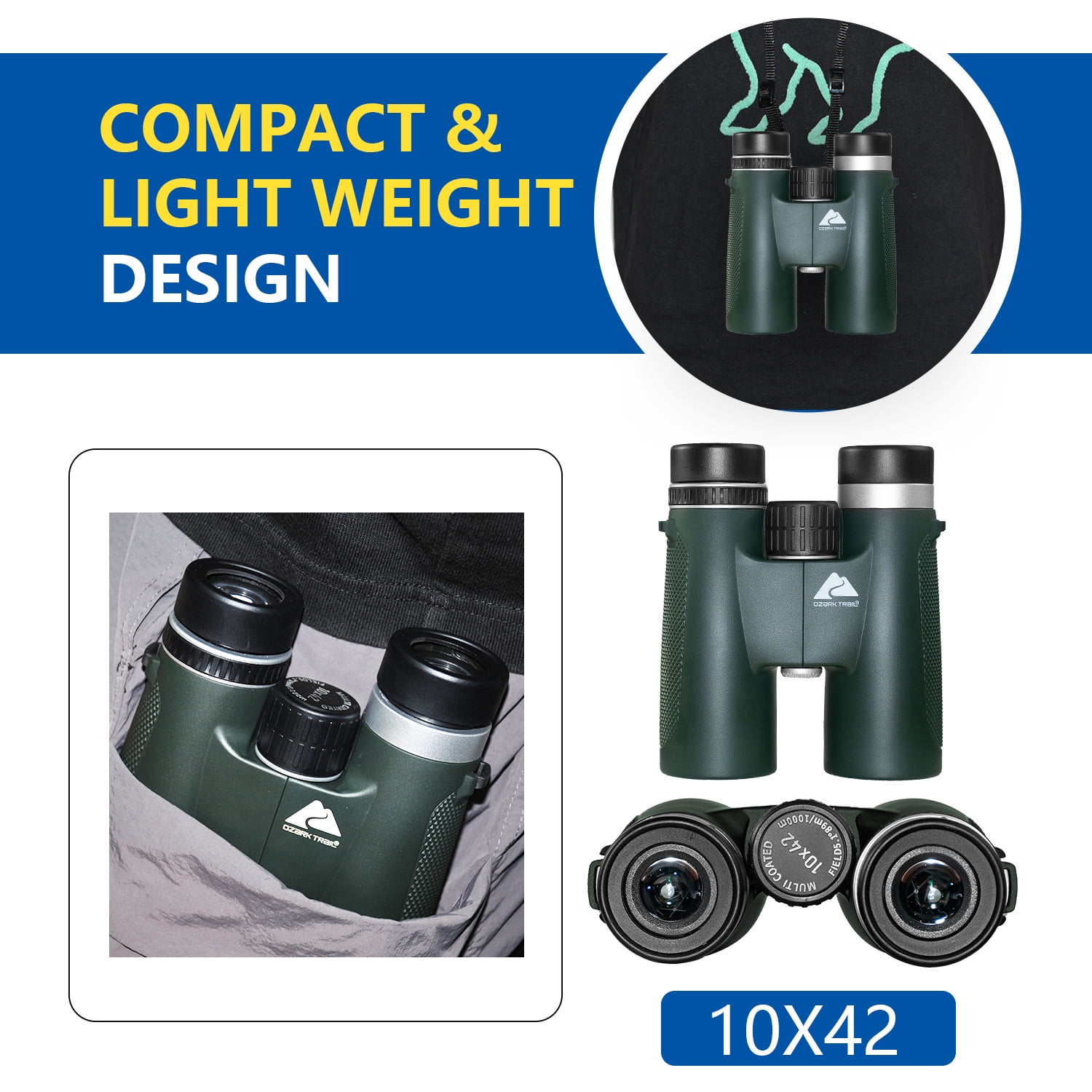 Ozark Trail 10X42 Binoculars - 10X High Powered Large View 42mm Objective FMC Lens Binoculars for Outdoor Sports Hunting Theater Concerts