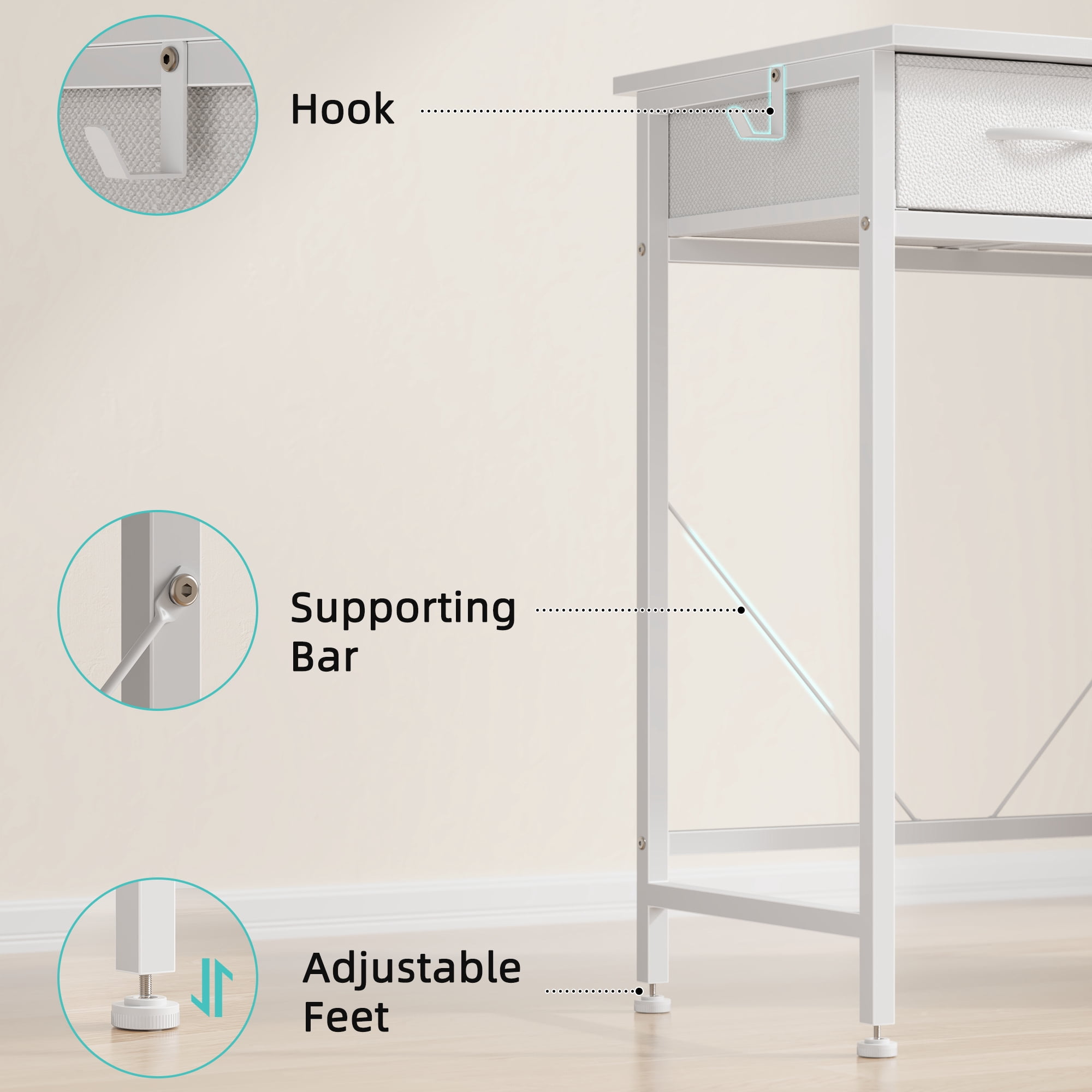 HIGDBFE Small Desk with 5 Fabric Drawers, Computer Desk with Iron Hook for Bedroom Home Office, White