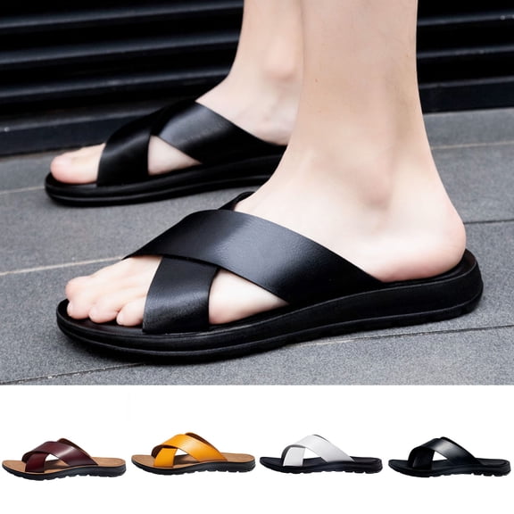 HomeDM Men's Flat Sandals Summer Open Toe Slip On Cross Strap Casual Travel Vacation Beach Sandals, Black Size 5.5