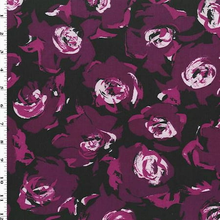 Fabric Nylon Tricot - Maroon Purple/Multi Rose Print Tricot Swimwear, Fabric By the Yard