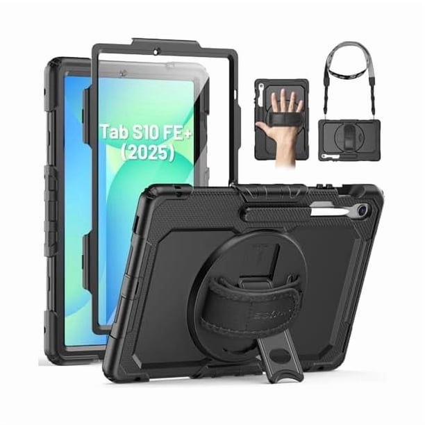 wonim11 SEYMAC Case for Samsung Galaxy Tab S10 FE+/ S10 FE Plus 5G 13.1″ 2025, Heavy Duty Full-Body Shockproof Protective Case with Screen Protector, Stand, Hand/Shoulder Strap and Pen Holder, Black
