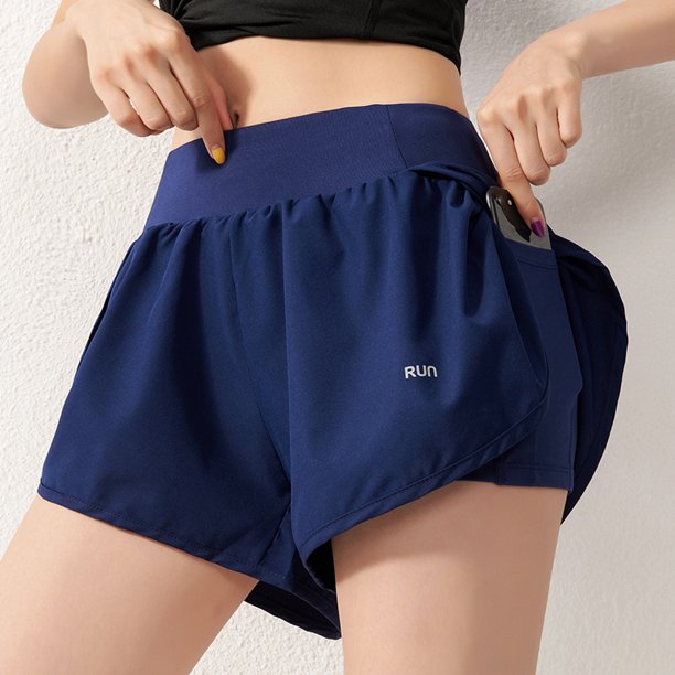 Pantalones cortos deportivos para mujer, de malla suelta, antiexposición, con doble bolsillo, de secado rápido, para correr, fitness aeróbico, pantalones cortos de cintura alta para exteriores