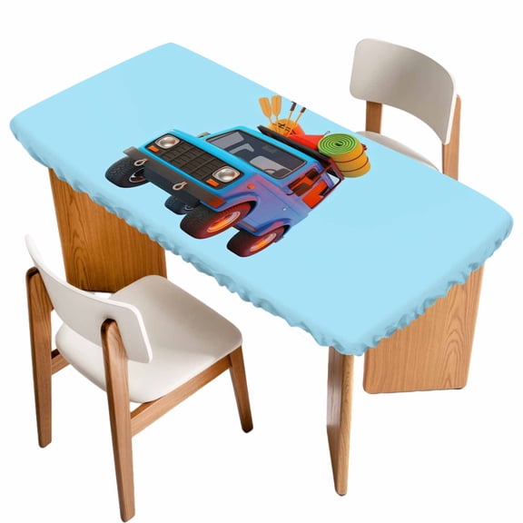 Travel Truck Table Cloths for 4 Foot Rectangle Tables, Cartoon Navy Camping Cars Blue Background Patio Waterproof Elastic Fitted Tablecloths, Washable Rectangular Table Cover for Camping
