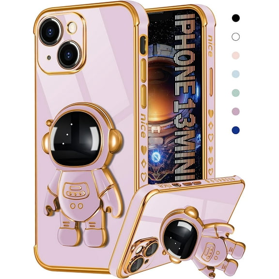 for iPhone 13 Mini Case Astronaut Cute for Women Girls Girly Unique Purple Phone Cases with Astronaut Hidden Stand Kickstand 6D Design Cover for iPhone 13Mini 5.4 inch