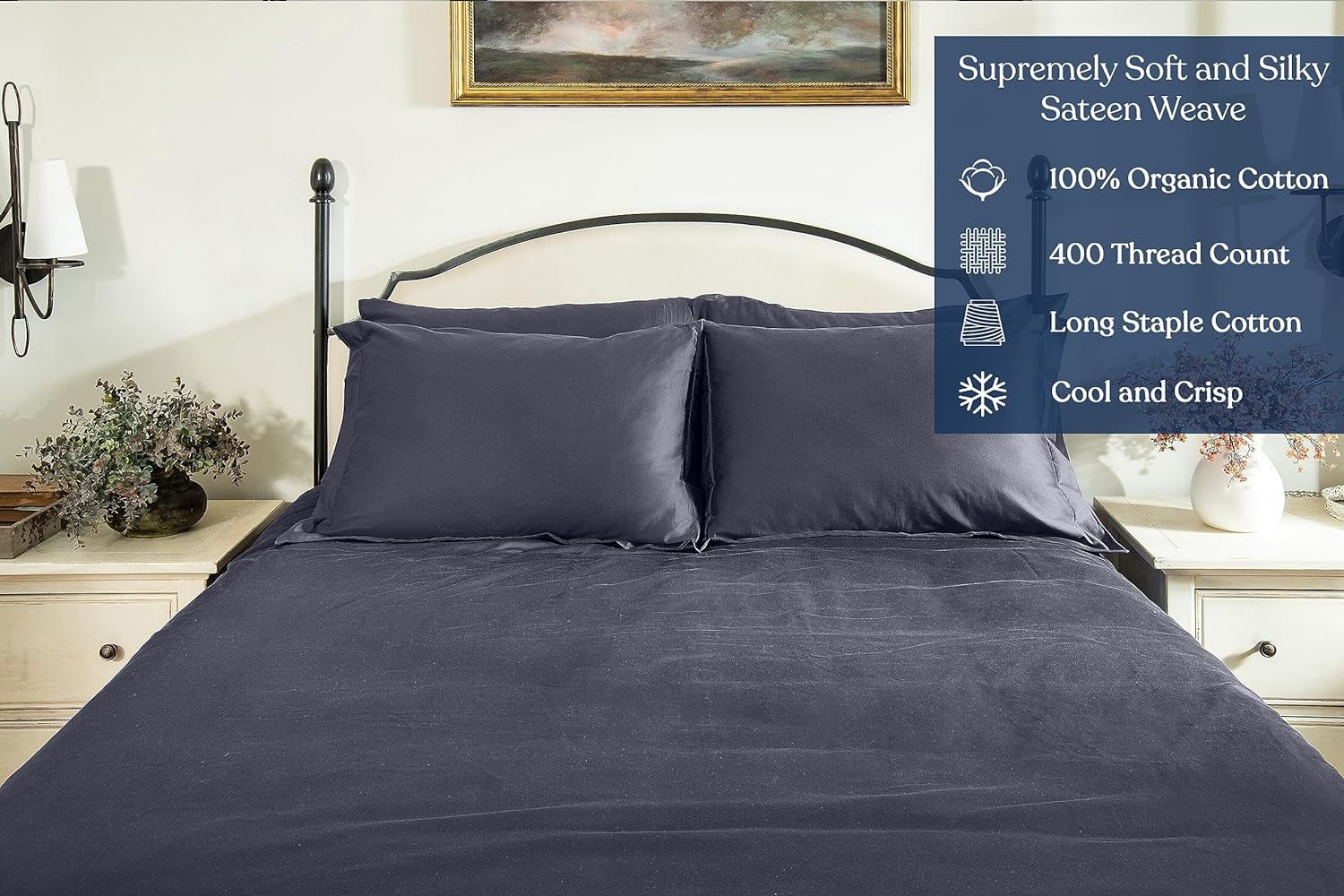 Delara GOTS Certified 100% Organic Cotton Full Fitted Sheet 54"x75", 400TC Long Staple, Ultra Soft, Breathable, 17" Deep Pocket, Dark Grey