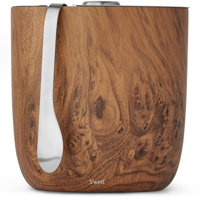 S'well Cubitera de acero inoxidable con pinzas - Capacidad para 68 oz de hielo - Madera de teca - Contenedor aislado al vacío de triple capa diseñado para mantener el hielo más frío durante más tiempo