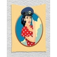 thumbnail image 1 of Pin up Girl Tapestry, Hand Drawn Illustration of a Curly Brunette Woman Wearing a Pilot Captain Hat, Wall Hanging for Bedroom Living Room Dorm Decor, 60W X 80L Inches, Multicolor, by Ambesonne, 1 of 2
