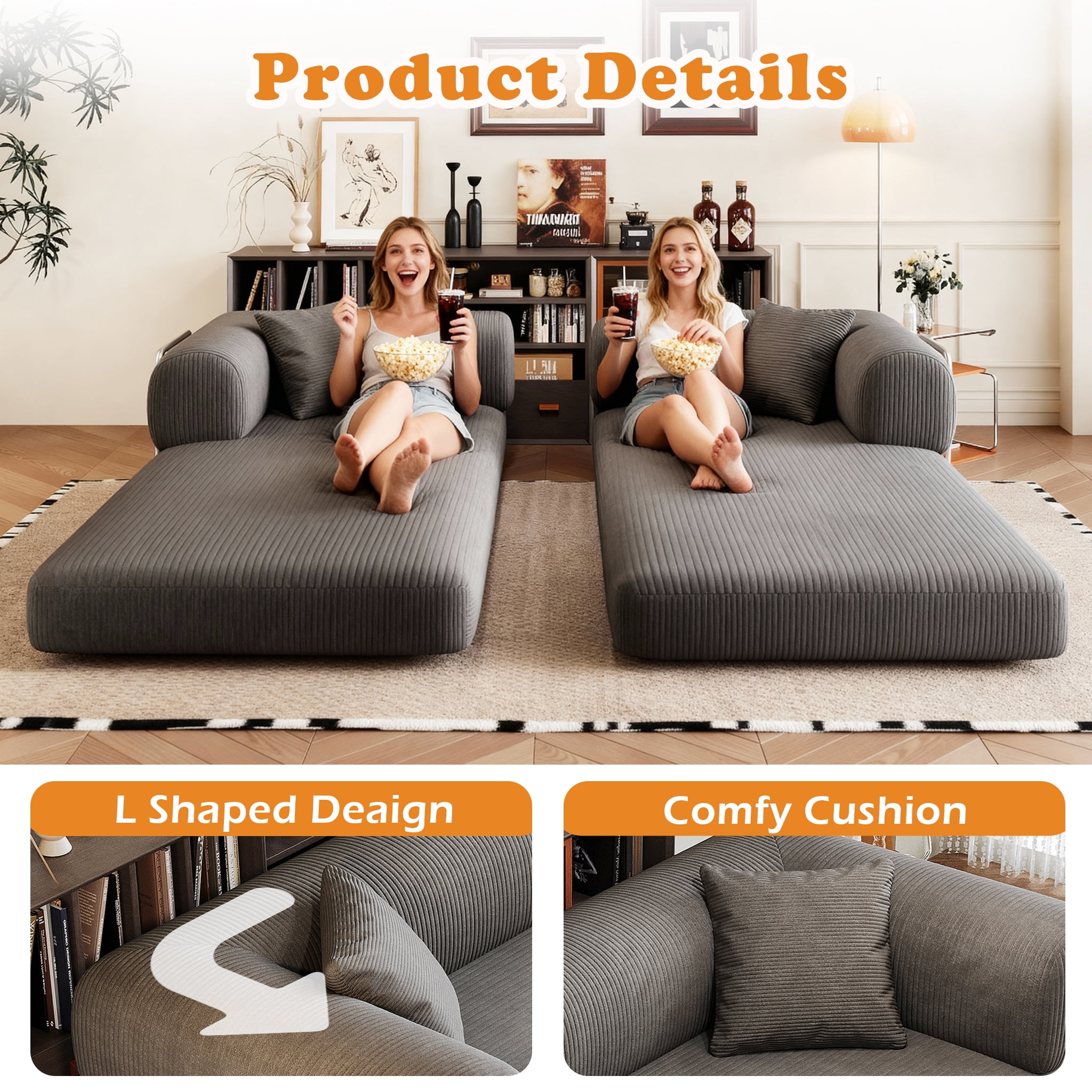 Eyisean 78.8" Corduroy Convertible Sofa Bed with Stainless Fixed-Shape Frame, 4-in-1 Boneless Loveseat with Pull-Out Bed, Lounge Futon Sofa Couch Floor Mattress for Living Room, No Assembly Required