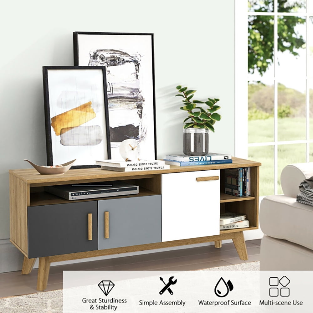 Finihen TV Stand, TV Cabinet, 65 Inch TV Stand with 3 Storage Cabinets and 3 Open Shelves, for Living Room, Bedroom, Grey & White & Black