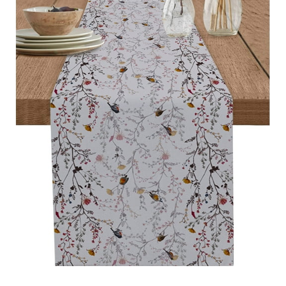 Table Runner Dresser Scarves 90 Inch Long, Vintage Flower Branch and Bird Linen Dining Table Runners Seamless Floral Botanical Plant Tabletop Scarf for Wedding Holiday Party Kitchen
