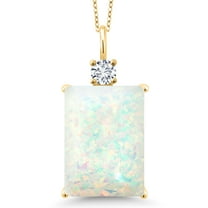 Gem Stone King 18K Yellow Gold Plated Silver White Opal and White Lab Grown Diamond Pendant Necklace for Women (4.93 Cttw, Emerald Cut Cabochon 18X13MM, With 18 inch Silver Chain)