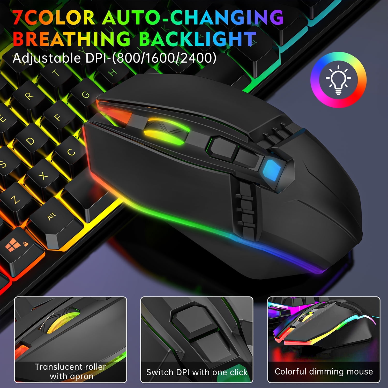 Wireless Keyboard and Mouse, 87 Keys Mechanical Feel Keyboard Mice Combo, Anti-Ghosting Ergonomic Rechargeable W/ 2.4G Wireless Receiver, RGB LED Backlight for Windows Computer PC Gamer