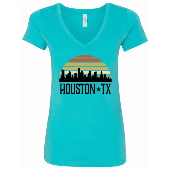 Inktastic Houston Texas Skyline Retro Women's V-Neck T-Shirt