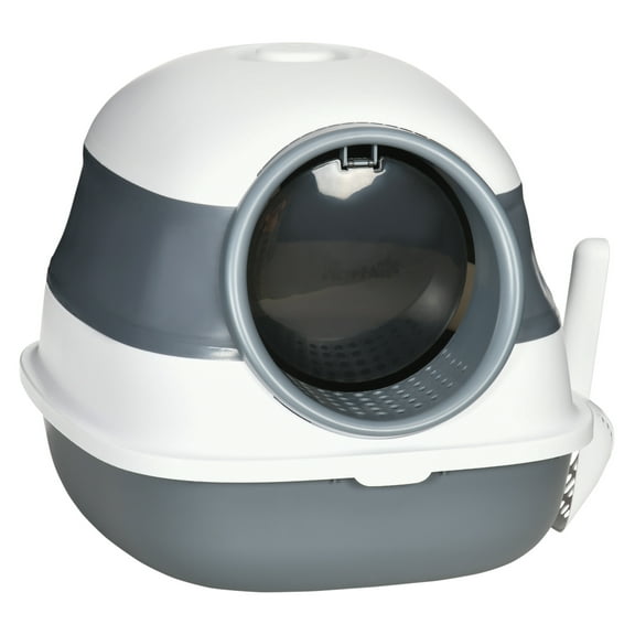 Cat Litter Box with Lid, Covered Litter Box w/ High Sides, Air Freshener, Large Two-Way Entrance Kitty Litter Box, Foldable, Easy Clean, White, and Gray