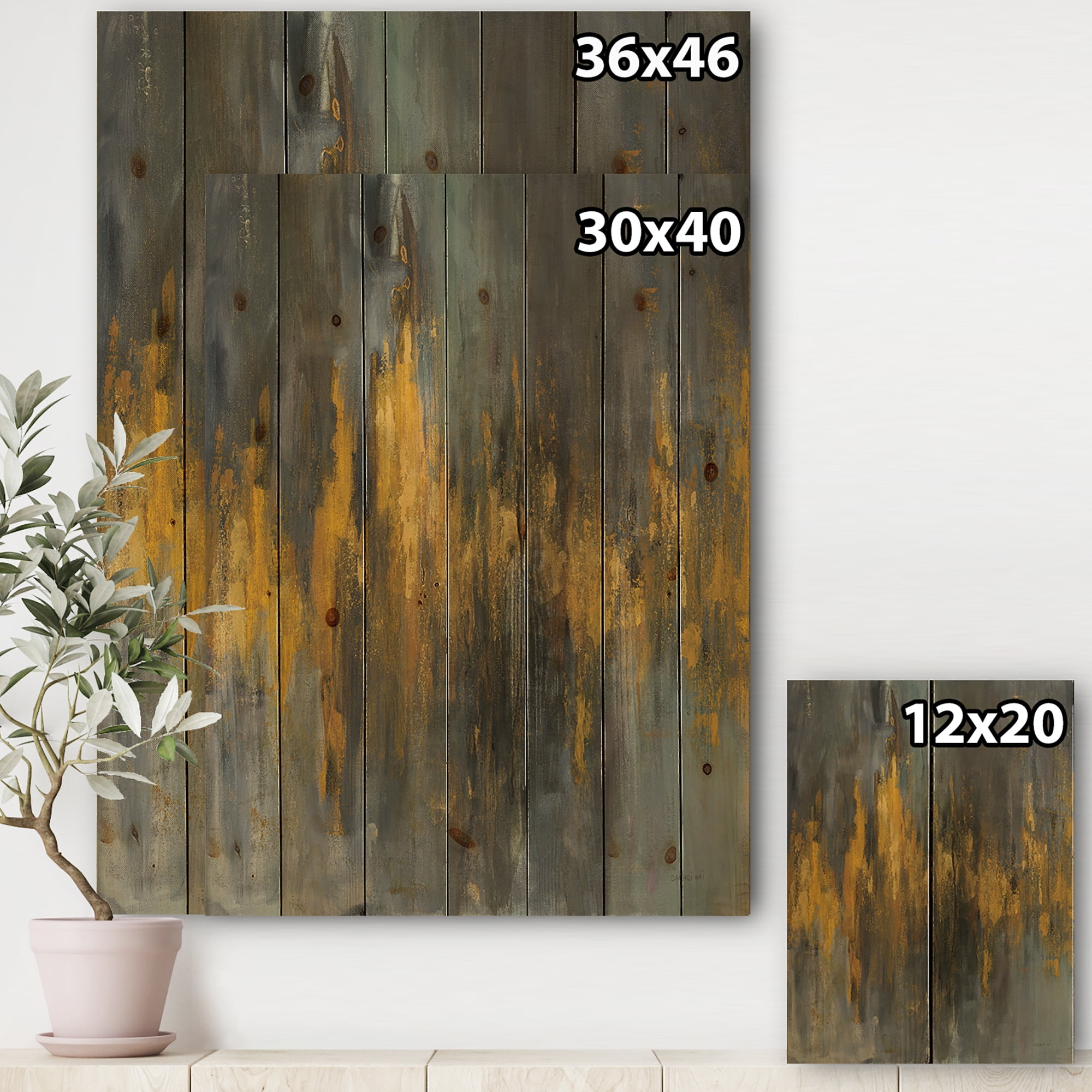 Designart 'Gold and Black Glam Abstract' Modern & Contemporary Print on Natural Pine Wood