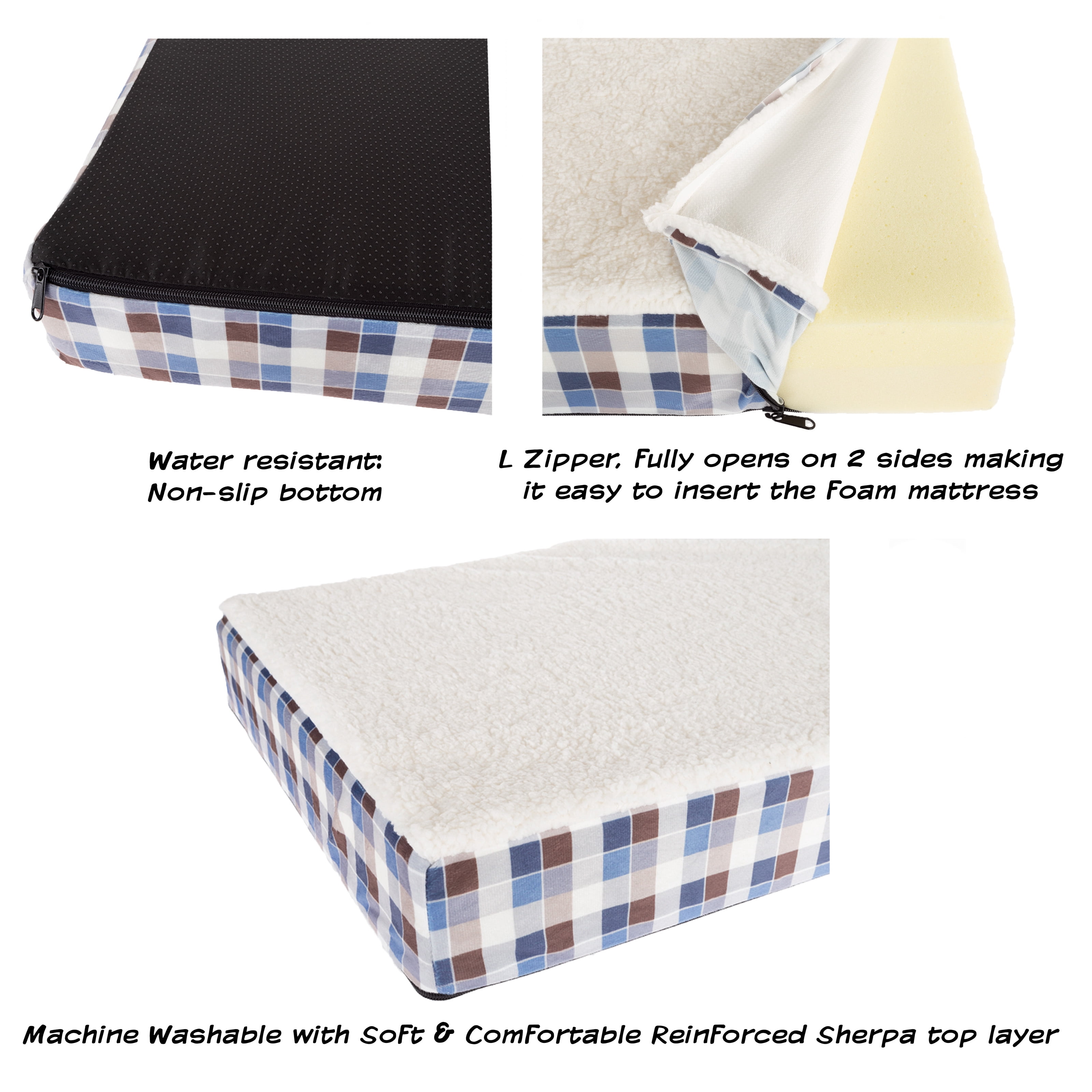 Dog Bed Replacement Cover  Medium Pet Duvet with Sherpa Top, Non-Slip Bottom - Dog Bed Washable Removable Cover by PETMAKER (Brown/Blue Plaid)
