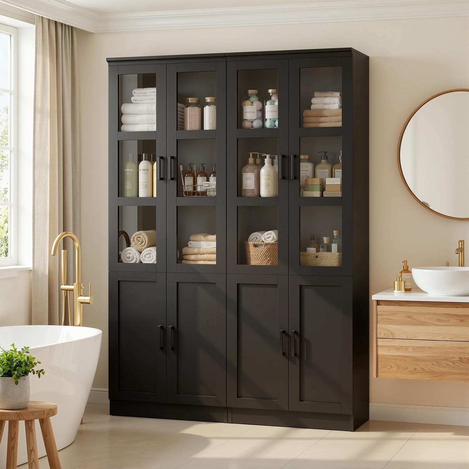 Homieasy 47.2'' Pantry Storage Cabinet 2-Piece Set, 79.7'' Tall Freestanding Kitchen Storage Cabinet with Glass Doors and Adjustable Shelves, Black