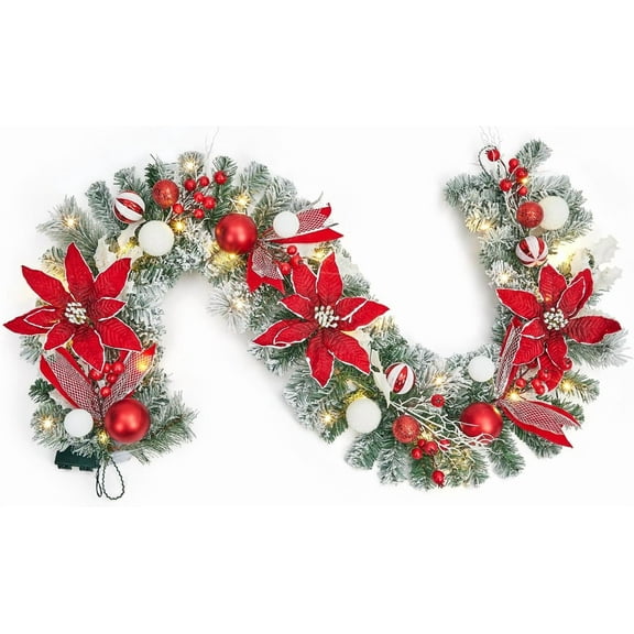 Pre-lit Christmas Garland 6FT with 20 Lights, Battery Operated Xmas Garland with Pine Cedar Cones & Red Metal Ball, Christmas Decoration for Mantle Fireplace