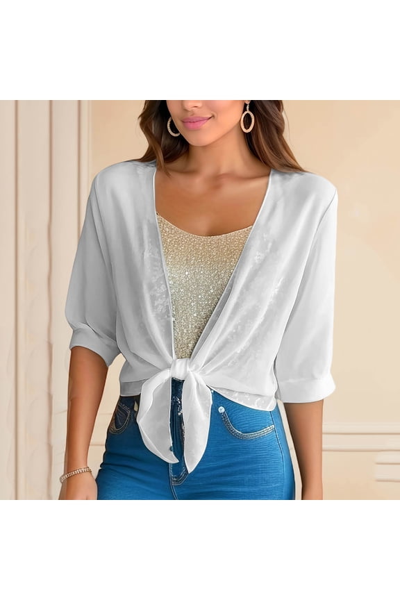 Women's Summer Lightweight Short Cardigan Shrug Sheer Tie Chiffon Front Top 3/4 Sleeve Breathable Jacket for Dress White XL