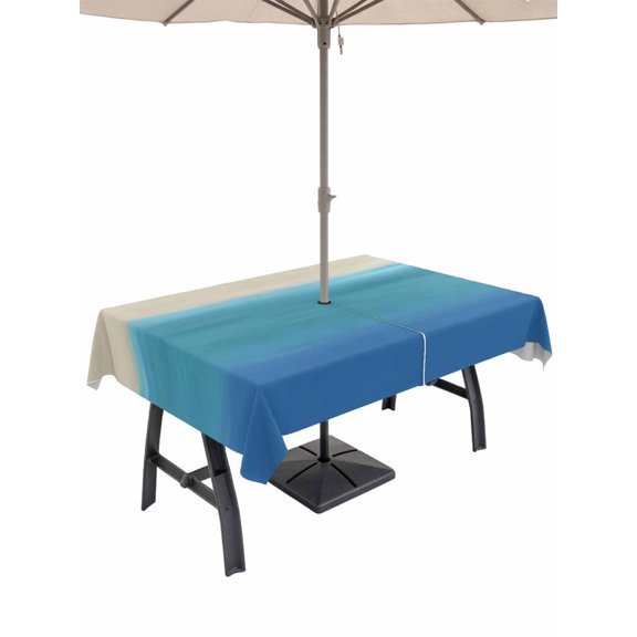 Outdoor Tablecloths with Umbrella Hole & Zipper, Blue Teal Beige Ombre Tablecloth Rectangle 60x84 Inch, Modern Abstract Art Abstract Waterproof Table Cloth, Patio/Pool/Picnic Table Covers