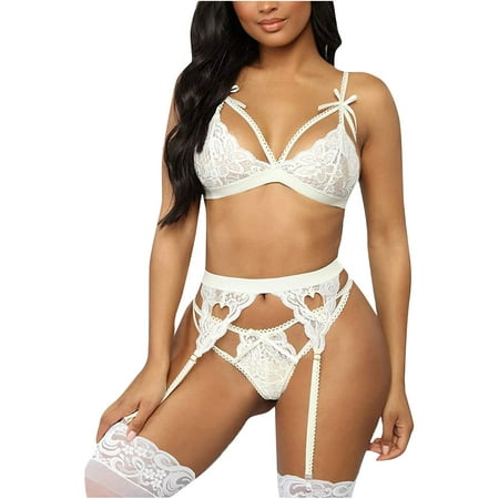 

DNDKILG Women s Sexy Lace Bra and Panty Sets Strappy Teddy Lingerie Set Bow Babydoll Lingerie with Garter White 2XL