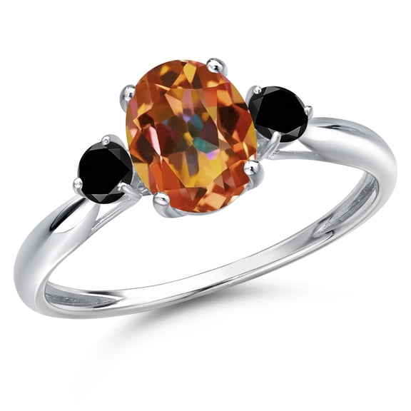 Gem Stone King 10K White Gold Ecstasy Mystic Topaz and Black Diamond 3-Stone Ring for Women | 1.70 Cttw | Oval 8X6MM | Gemstone November Birthstone | Size 9