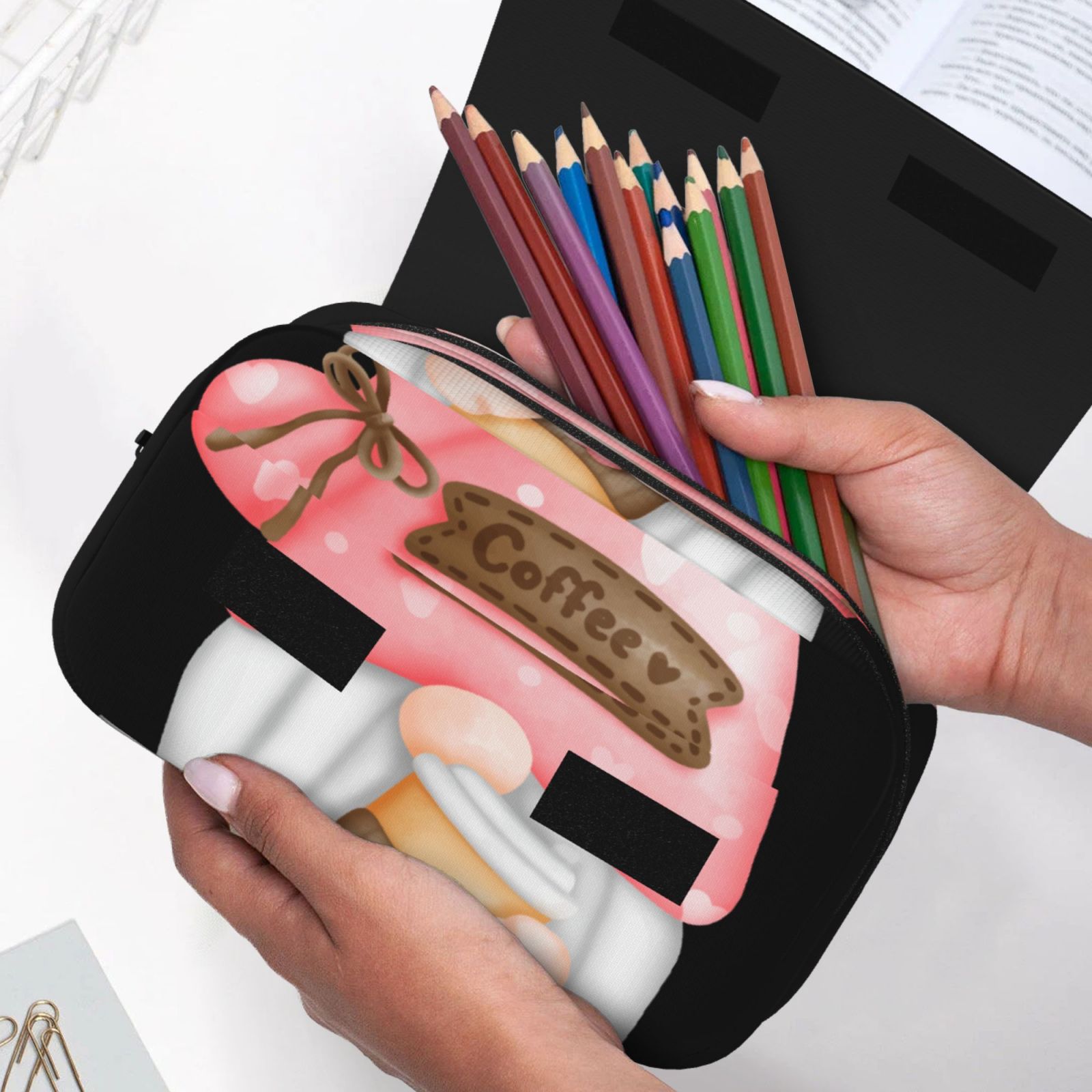 Rateoe Coffee Gnome (1) Pattern Double Clamshell Pen Case, Storage Organizer with Two Zipper Compartments– Holds Up to 50 Pencils & Pens