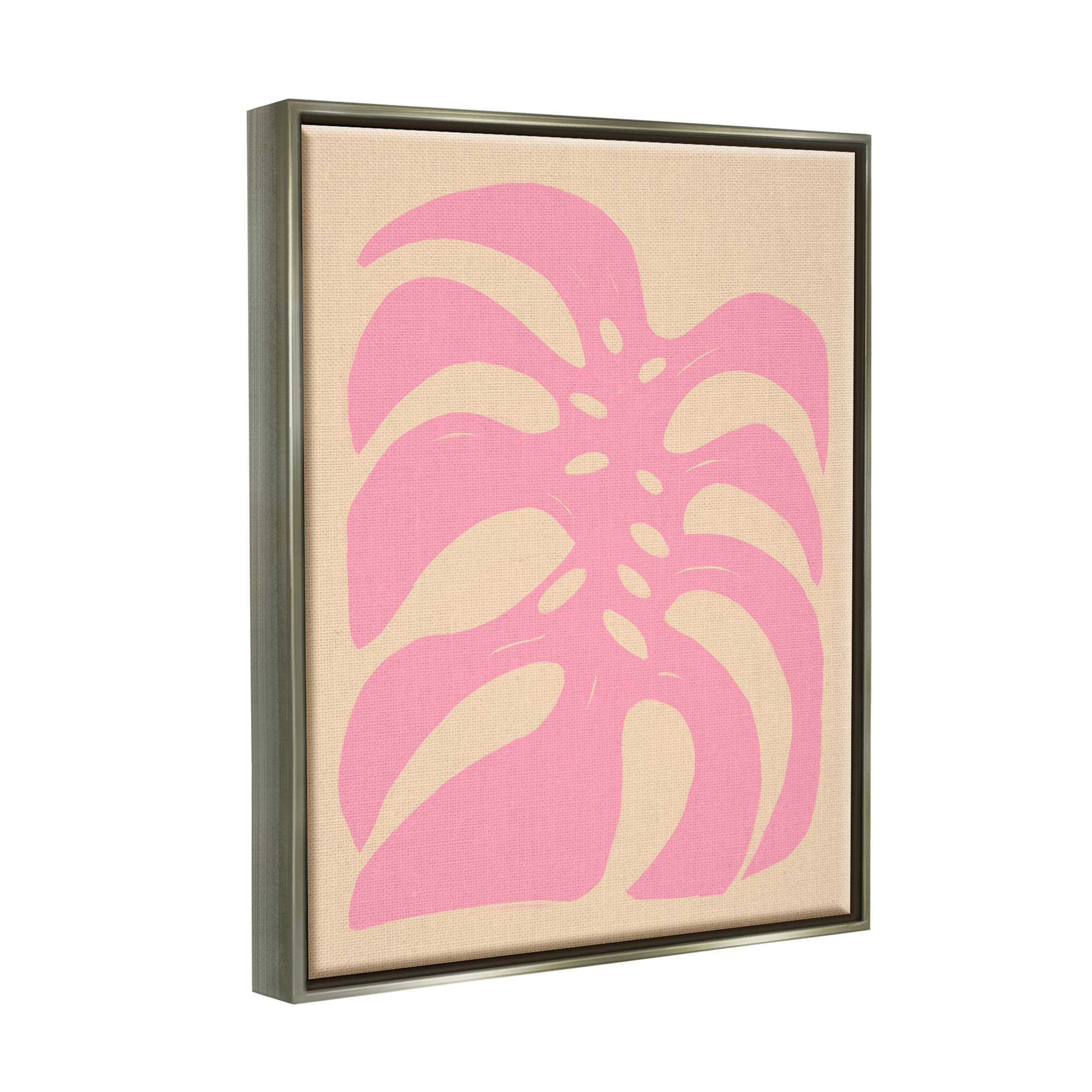 Stupell Industries Pink Tropical Leaf Shape Graphic Art Luster Gray Floating Framed Canvas Print Wall Art, Design by Birgit Maria Kiennast