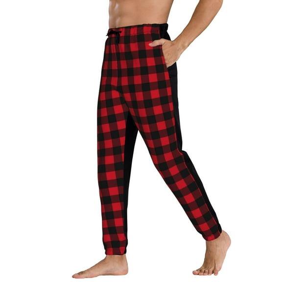 Sweatpants for Men - Red Black Twill Stripe Plaid Adjustable Elastic Band Mens Joggers With Pockets, Athletic Workout Gym Casual Track Pants for Men