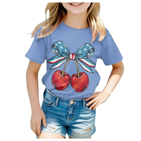 Gerichy Girls Short Sleeve T Shirts Girls Crew Neck Graphic Print Summer Short T-Shirts for Girls Independence Day Print Girls Short Sleeve Tee Summer Crewneck T Shirt Casual Fit Basic Shirts
