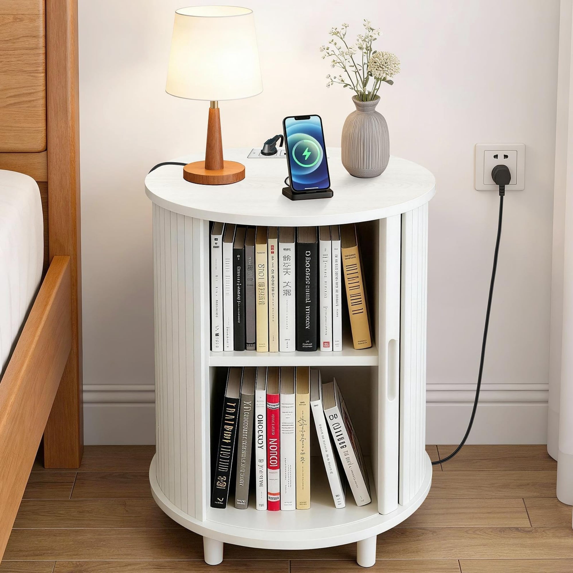 Round End Table Set of 2 with Charging Station, Fluted Nightstand with Sliding Door & Adjustable Shelf, Mid Century Side Table, White