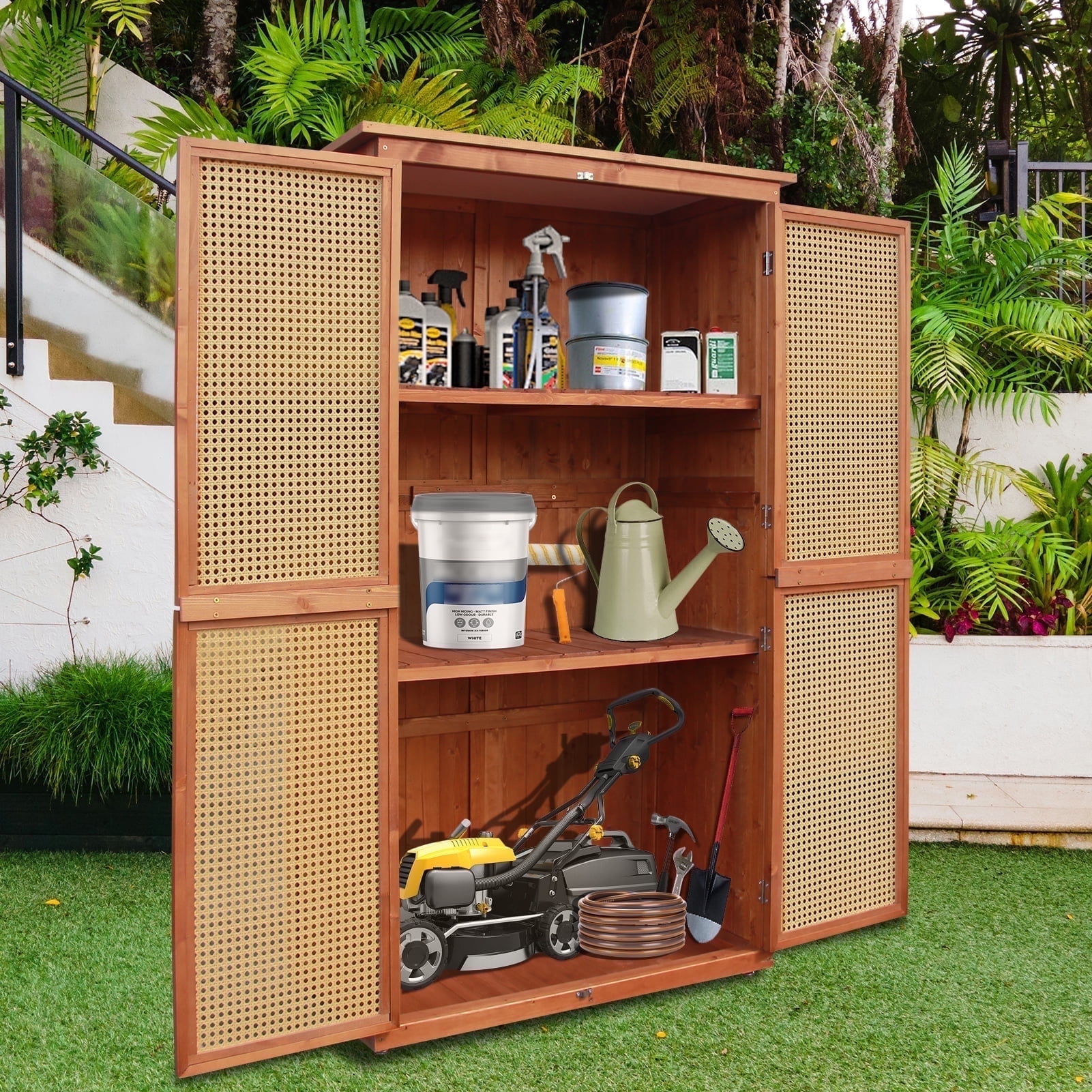 60.6" Storage Cabinet, Wooden Garden Shed with Rattan Doors & Waterproof Roof for Garden, Lawn, Patio - Brown