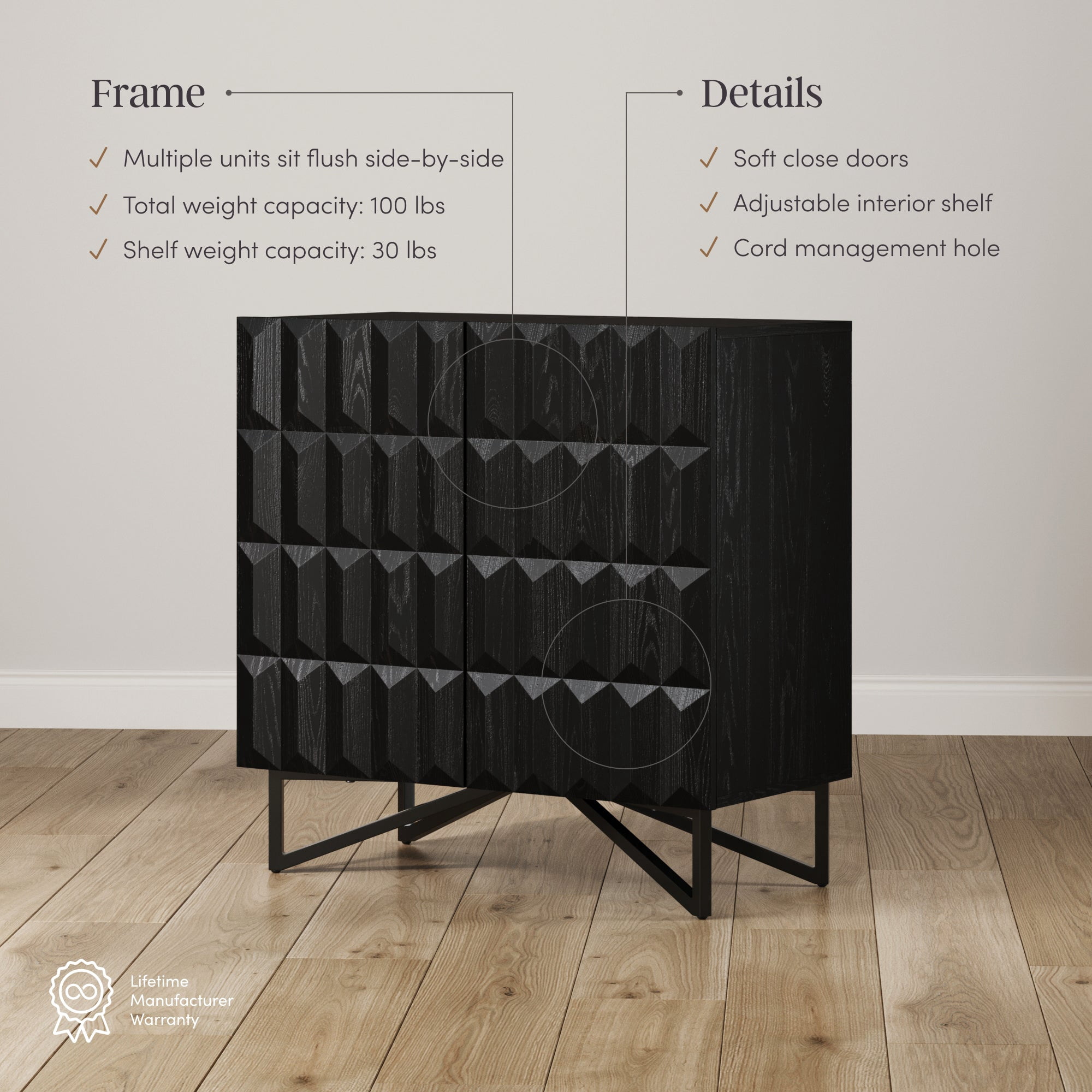 Nathan James Wolfie Wooden Contemporary Entryway Cabinet, Living Room Storage Cabinet or Dining Room Buffet with Sculpted Doors and Metal Legs, Black Oak