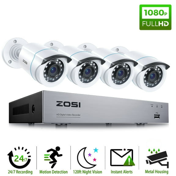 ZOSI H.265  1080P 8CH CCTV Security Camera System, 4pcs Wired Surveillance Camera, 5MP Lite DVR Home Outdoor 80FT IR Night Vision IP66 Waterproof No HDD