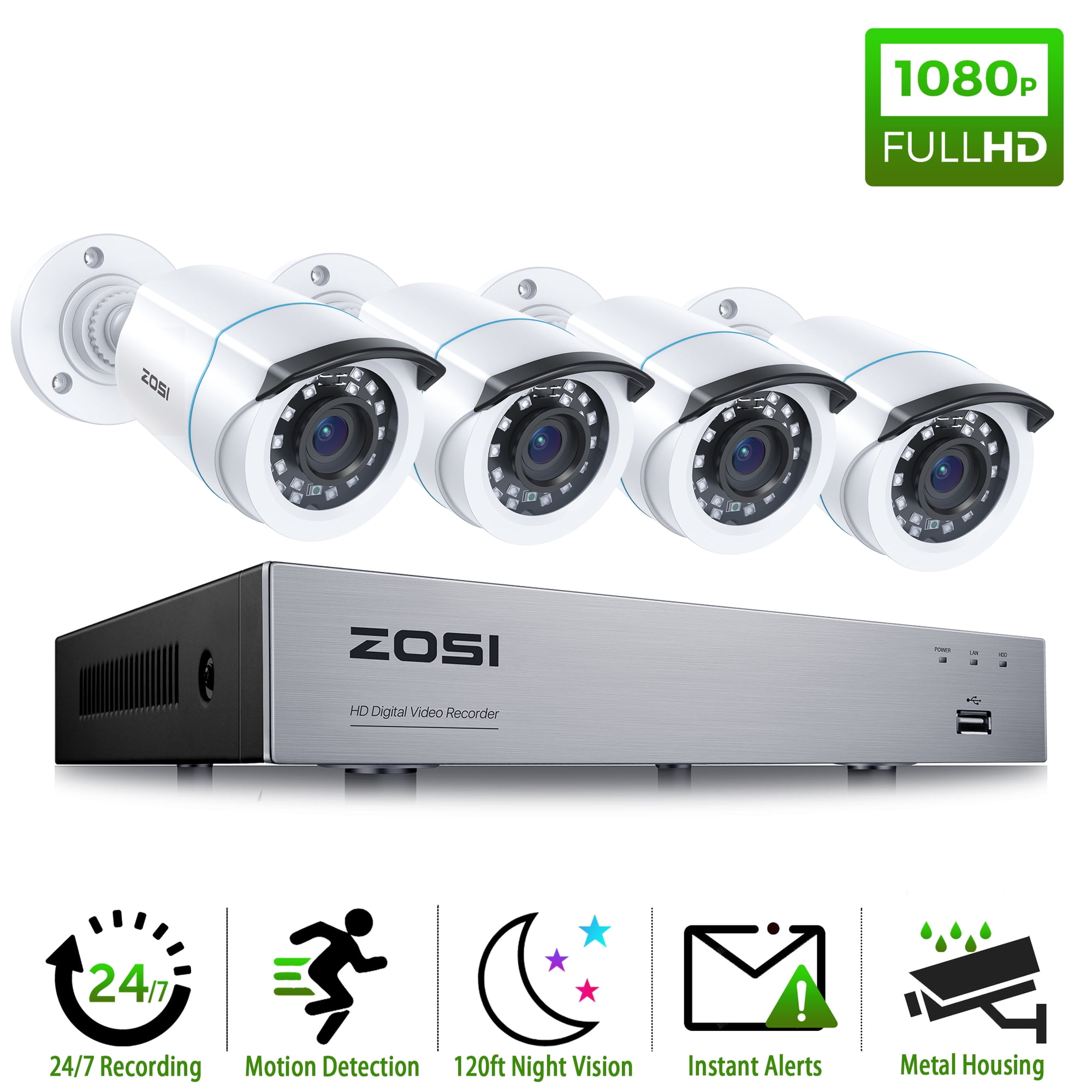ZOSI H.265+ 1080P 8CH CCTV Security Camera System, 4pcs Wired Surveillance Camera, 5MP Lite DVR Home Outdoor 80FT IR Night Vision IP66 Waterproof No HDD