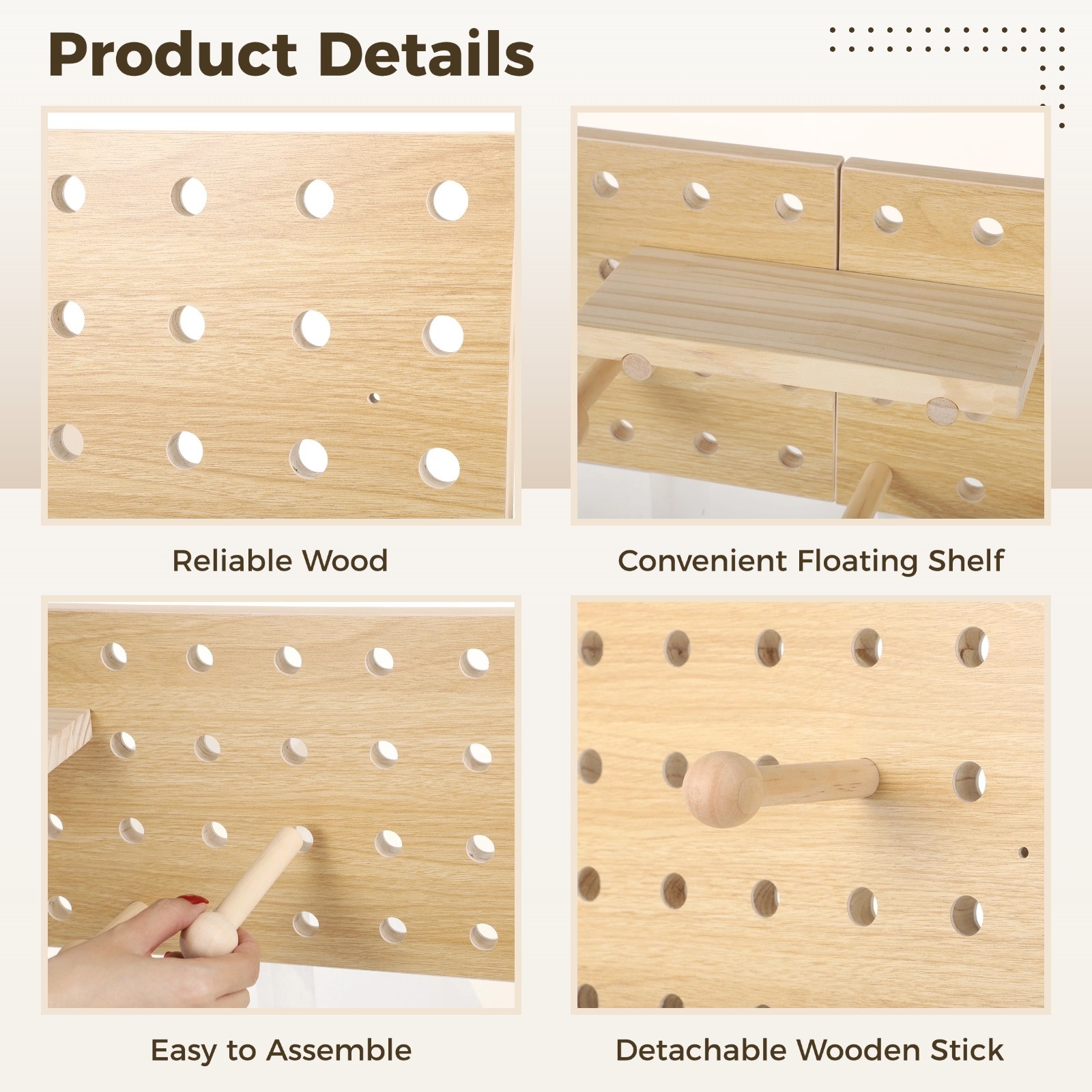 2 PCS Wooden Pegboards, Wood Pegboard Combination Kit, Wall Display Wooden Pegboard with Floating Shelves & Wooden Sticks, Wall Mounted Storage Shelf Organizer for Entrance Living Room Office