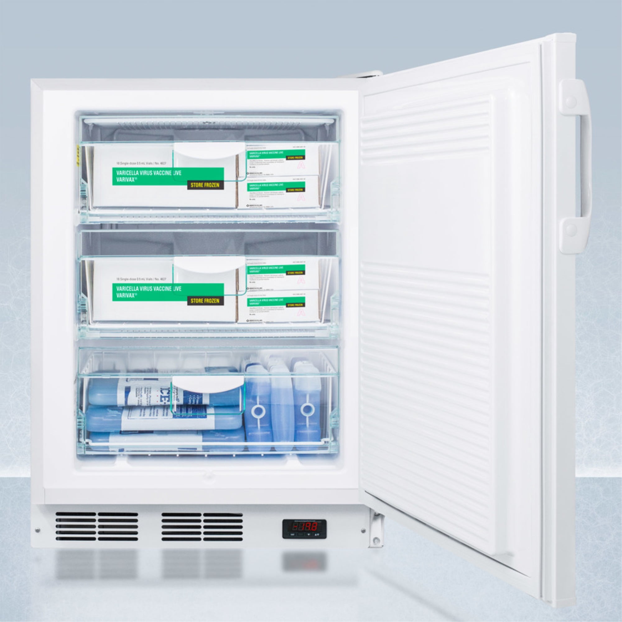 ADA compliant built-in undercounter all-freezer capable of -25 C operation; includes audible alarm, lock, and hospital grade plug