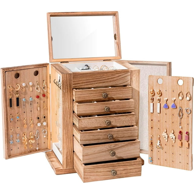 Joyero ProCase grande de madera de 7 capas con espejo, color natural