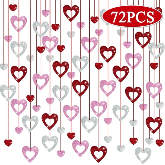 Valentines Day Decorations Glitter Heart Hanging Swirls Red Pink Silver Heart Ornaments Party Supplies for Bridal Anniversary Wedding 72 Pcs
