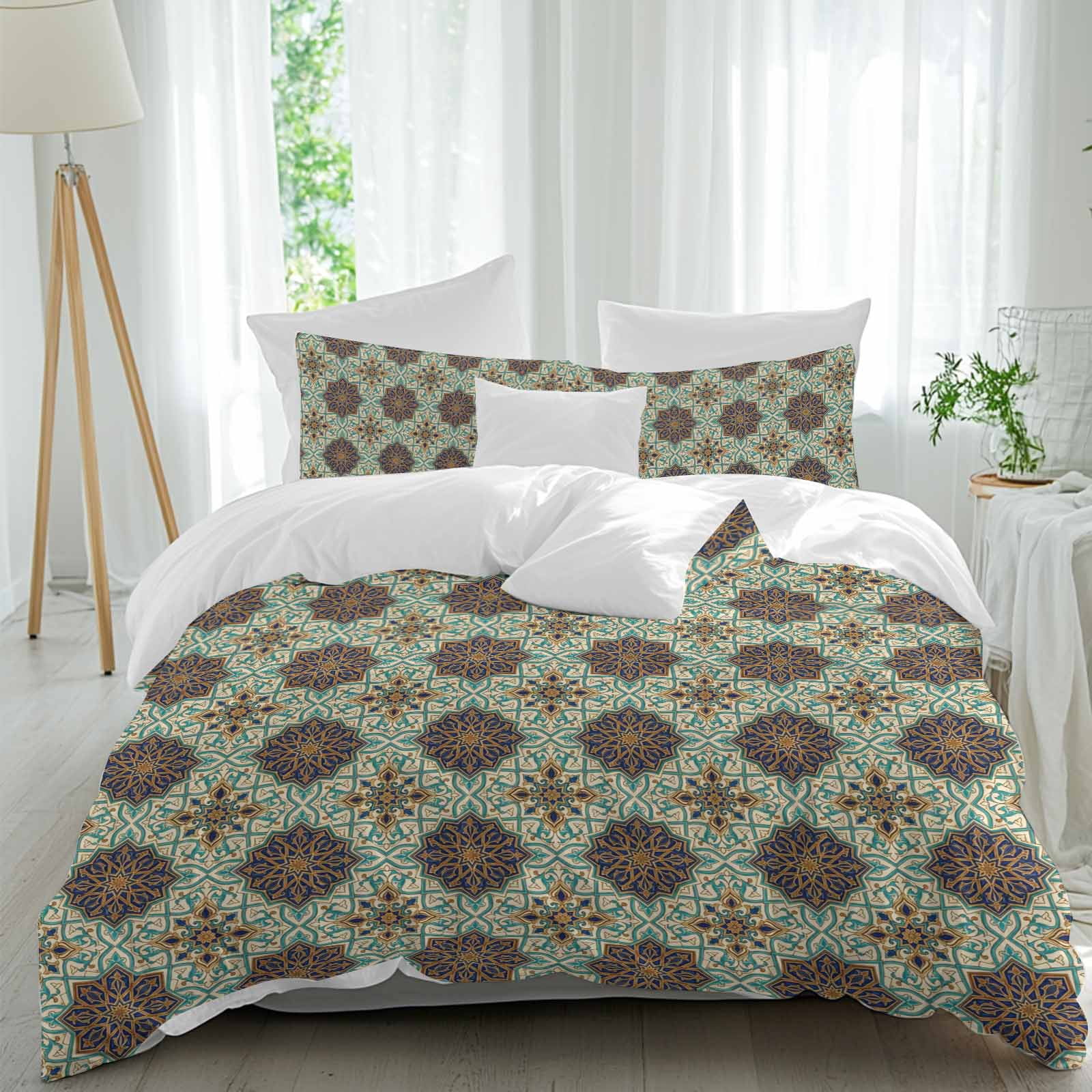 Mediterranean Bedding 3 Piece Duvet Cover Set Full Size, Vintage Morocco Abstract Pattern Brown Green Microfiber Comforter Cover with Zipper Closure & Pillowcases, Wrinkle & FadeResistant Quilt Cover
