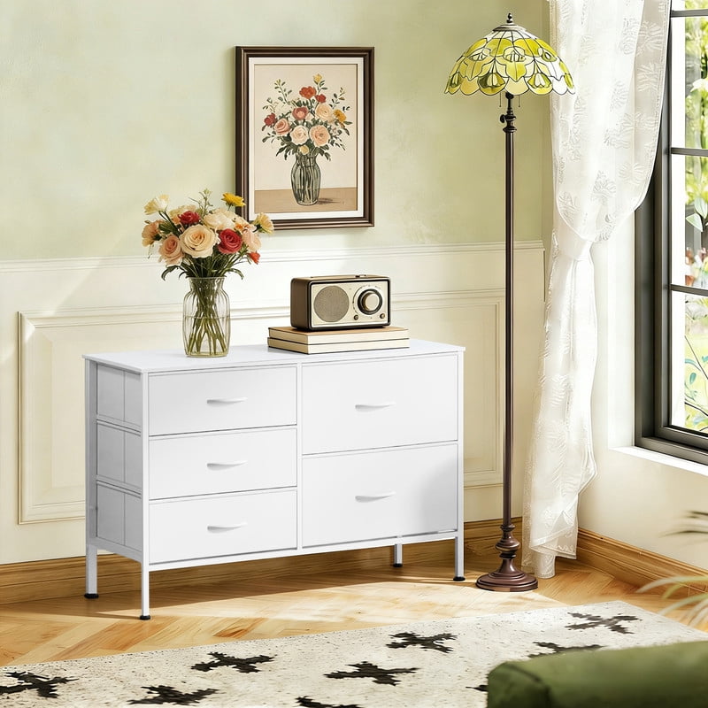 Simenmax 5-Drawer Fabric TV Stand, 39.4-Inch Entertainment Center with Wood Top & Sturdy Metal Frame, Storage Dresser for Bedroom, Living Room, Hallway, White