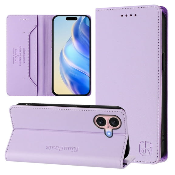 Compatible with iPhone 16 Wallet Case, PU Leather Flip Case with RFID Blocking Card Slots, Kickstand Slim Fit Magnetic Wireless Charging Phone Cover for iPhone 16, Purple