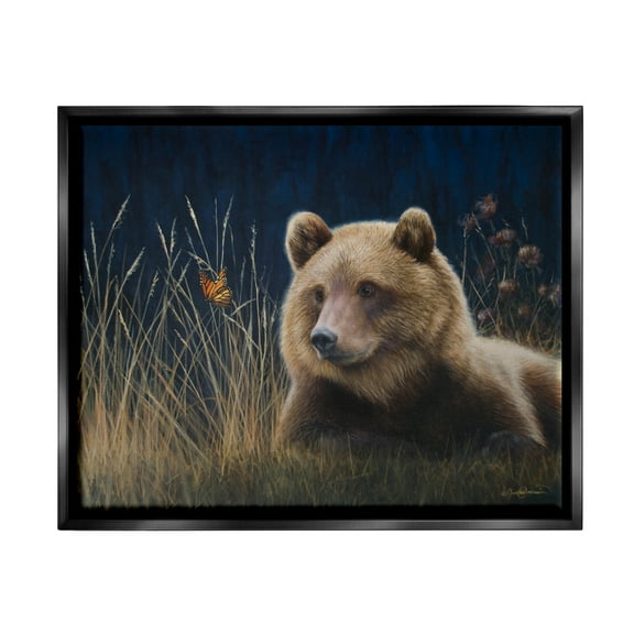 Stupell Industries Bear & Butterfly Scene Animals & Insects Painting Black Floater Framed Canvas Art Print Wall Art, 21 x 17