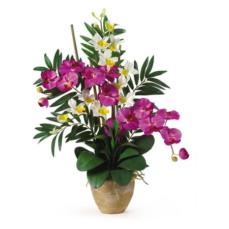 Nearly Natural Double Phalaenopsis/Dendrobium Silk Flower Arrangement  Orchid/Purple This Double Phalaenopsis/Dendrobium Purple Flower Arrangement is a one-of-a-kind piece. With an elegant design combined with beautiful vibrant colors  this arrangement is sure to liven up a space in your home or office. This silk flower arrangement for home or office incorporates an exciting mixture of two classic phalaenopsis orchid stems that intertwine with two dendrobium stems. You ll also notice shoots of bamboo and green leaves that help to complete the warm tropical feel of this piece. Constructed from plastic and polyester  the leaves and flowers in this artificial flower arrangement for home are simple to wipe clean. Standing 29  tall and set in a timeless ceramic pot  this silk orchid arrangement is sure to charm your guests.
