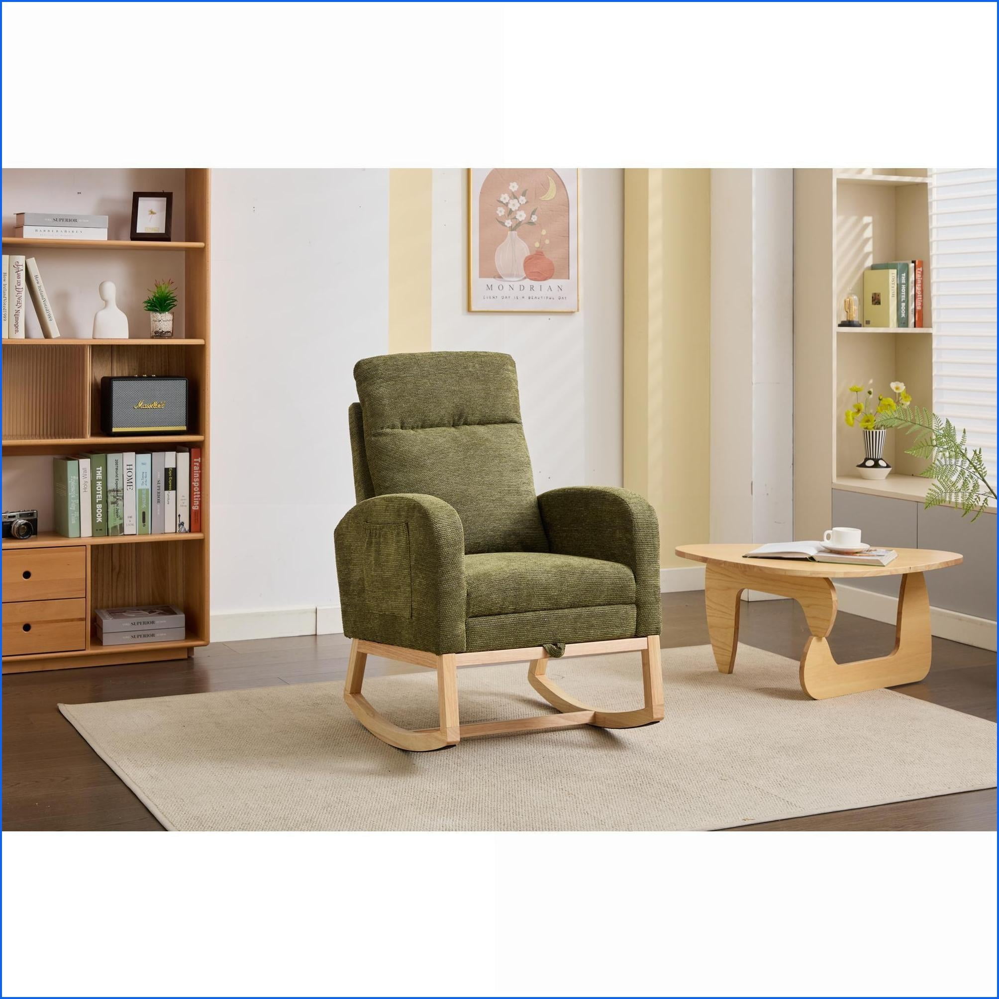 Rocking Chairs Modern Nursery Glider with Solid Wood Legs, High Backrest & Side Pocket | Teddy Polyester Blend